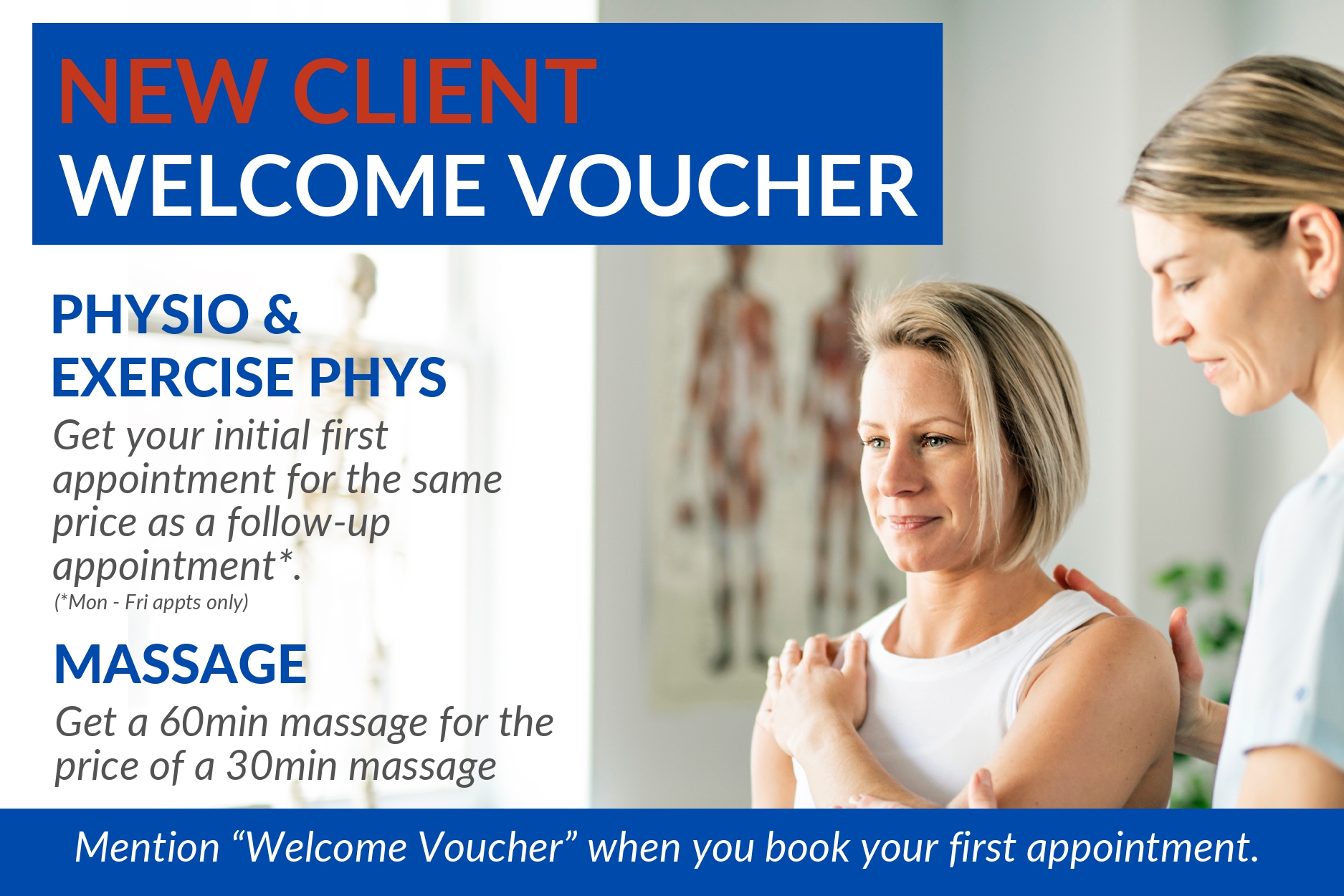 New client discount voucher for physio, massage & exercise physiology